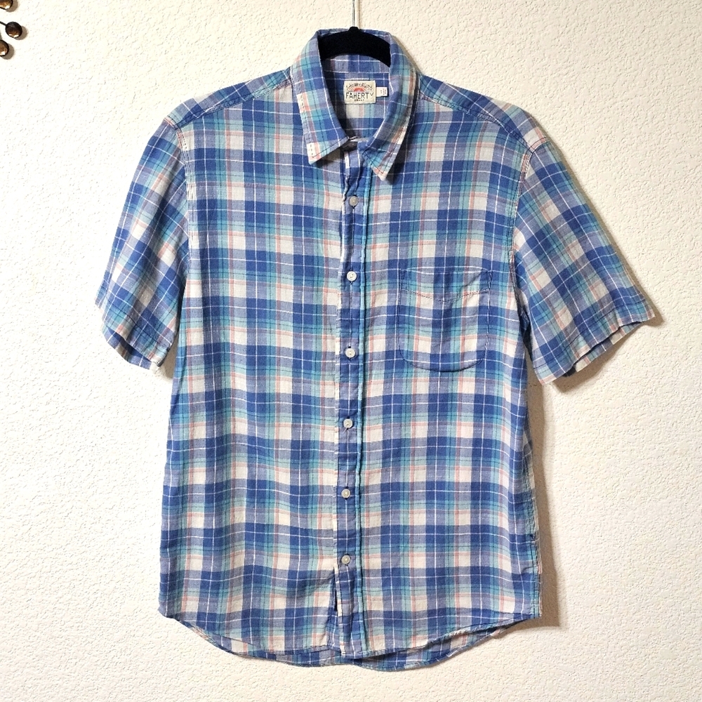 Faherty Shirt Mens S Button Up Short Sleeve 100% Cotton Plaid w Pocket